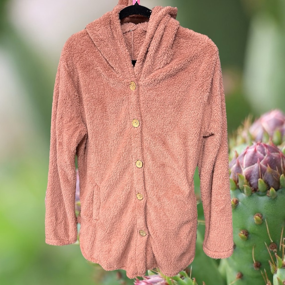 Basico women’s button front hoodie shirt solid pink nude mauve shacket new